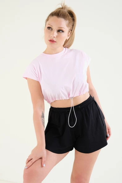 Kadın Bel Lastikli Crop T-Shirt Pembe - 4