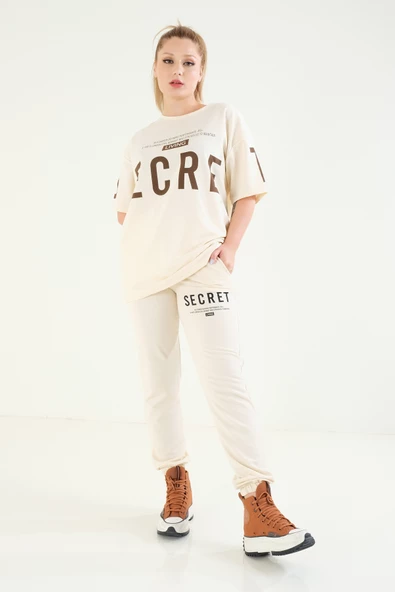 Kadın Baskılı Oversize İkili Takım Bej