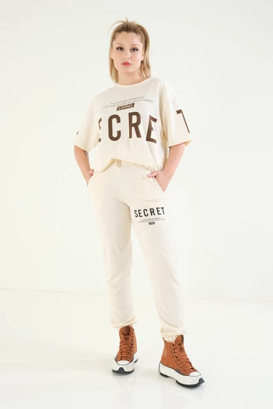 Kadın Baskılı Oversize İkili Takım Bej - 3