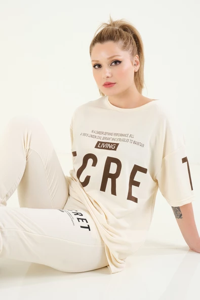 Kadın Baskılı Oversize İkili Takım Bej - 4