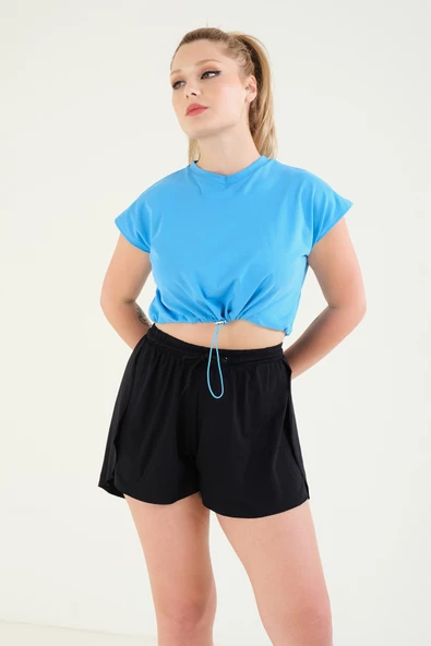 Kadın Bel Lastikli Crop T-Shirt Mavi - 5