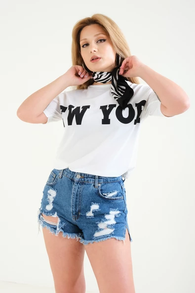 Kadın Yazılı Oversize T-Shirt Beyaz
