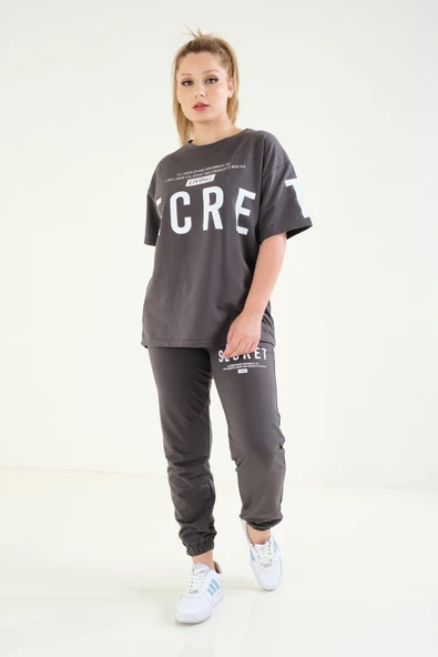 Kadın Baskılı Oversize İkili Takım Antrasit - 2