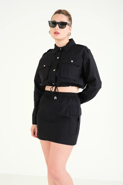 Kadın Paraşüt Crop Mont Siyah - 3