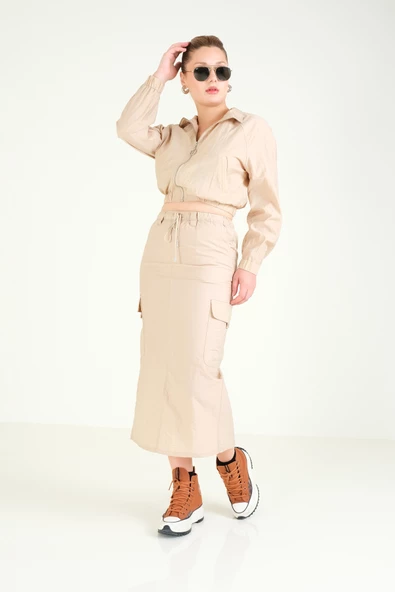 Kadın Paraşüt Crop Mont Açık Camel - 6