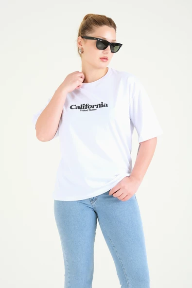 Kadın Baskılı Oversize T-Shirt Beyaz - 3