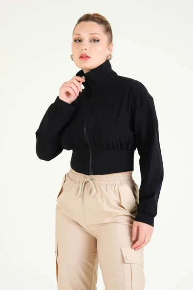 Kadın Paraşüt Crop Mont Siyah