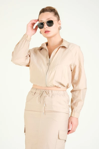 Kadın Paraşüt Crop Mont Açık Camel
