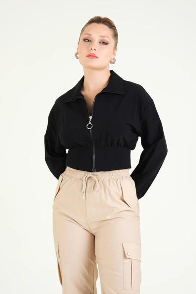 Kadın Paraşüt Crop Mont Siyah - 3