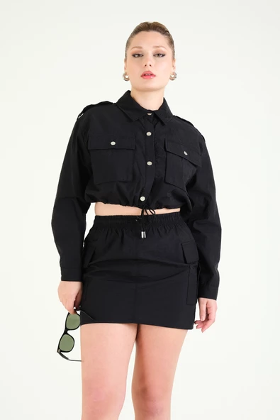 Kadın Paraşüt Crop Mont Siyah