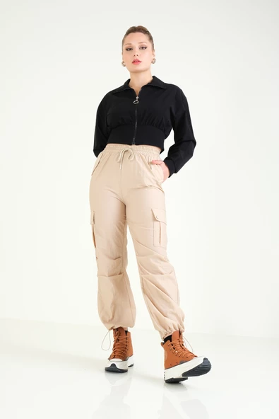 Kadın Kargo Cep Bilek Bağcıklı Paraşüt Pantolon Camel - 2