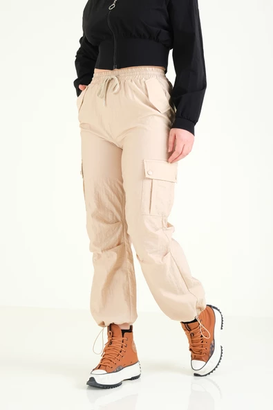 Kadın Kargo Cep Bilek Bağcıklı Paraşüt Pantolon Camel - 4