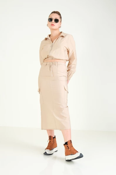 Kadın Paraşüt Crop Mont Açık Camel - 5