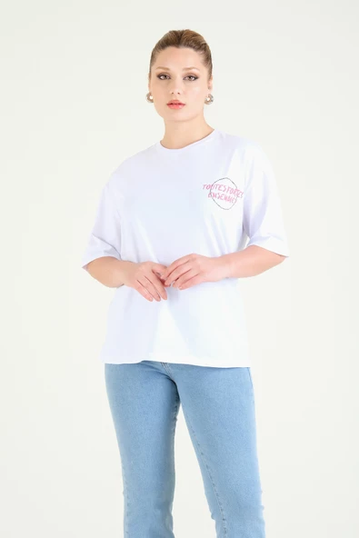 Kadın Baskılı Oversize T-Shirt Beyaz - 3