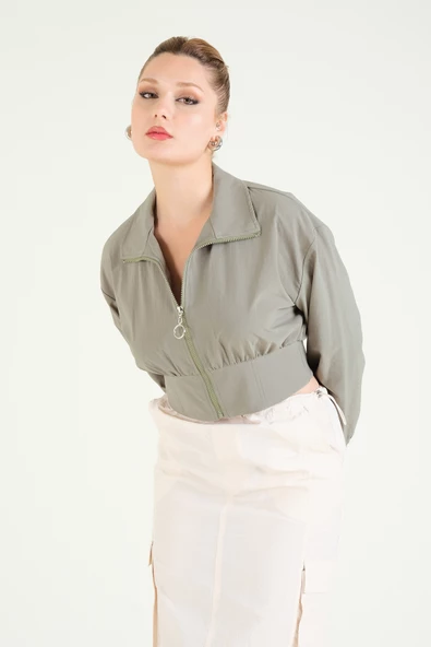 Kadın Paraşüt Crop Mont Haki - 2