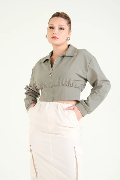 Kadın Paraşüt Crop Mont Haki