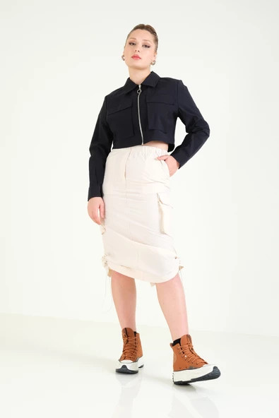 Kadın Paraşüt Crop Mont Siyah - 5