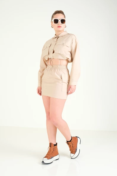 Kadın Paraşüt Mini Etek Camel - 2