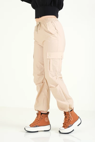 Kadın Kargo Cep Bilek Bağcıklı Paraşüt Pantolon Camel - 5
