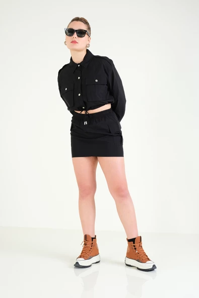 Kadın Paraşüt Crop Mont Siyah - 6