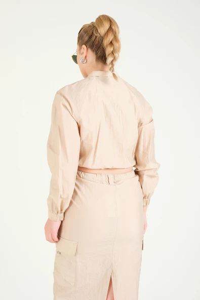 Kadın Paraşüt Crop Mont Açık Camel - 4