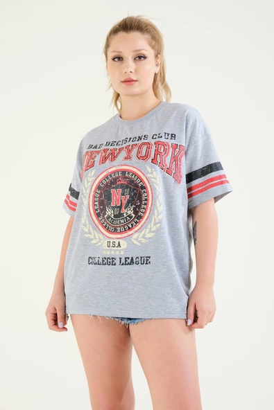 Kadın Baskılı Oversize T-Shirt Gri - 5