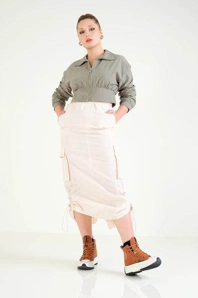 Kadın Paraşüt Crop Mont Haki - 5