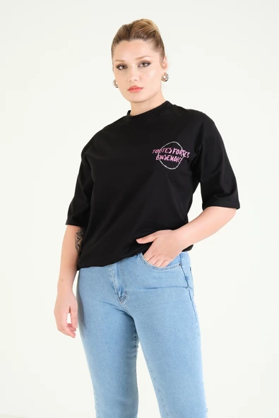 Kadın Baskılı Oversize T-Shirt Siyah - 2