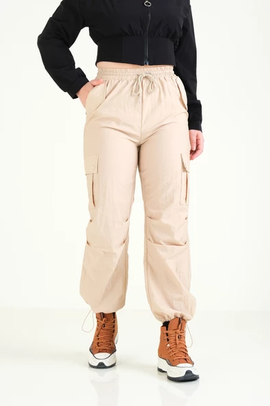 Kadın Kargo Cep Bilek Bağcıklı Paraşüt Pantolon Camel - 6