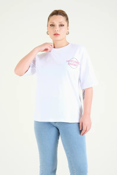 Kadın Baskılı Oversize T-Shirt Beyaz