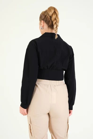 Kadın Paraşüt Crop Mont Siyah - 4