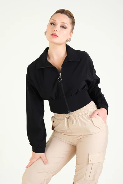 Kadın Paraşüt Crop Mont Siyah - 2