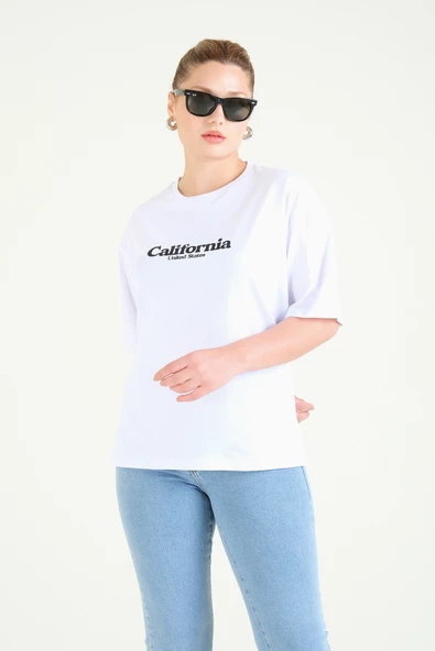 Kadın Baskılı Oversize T-Shirt Beyaz - 2