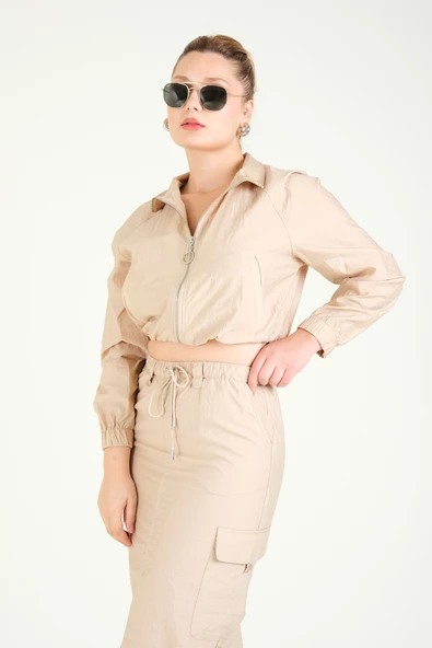 Kadın Paraşüt Crop Mont Açık Camel - 2