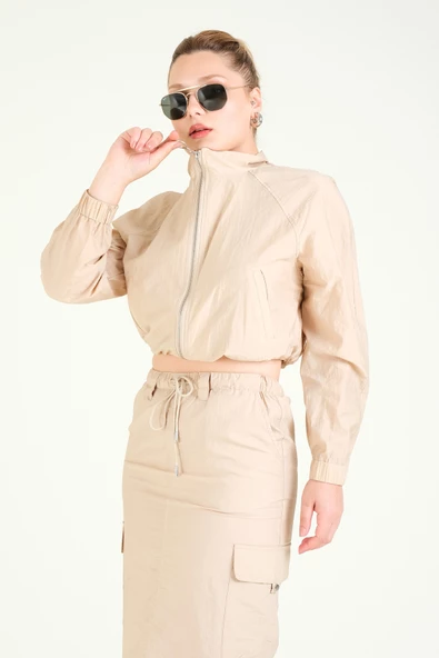 Kadın Paraşüt Crop Mont Açık Camel - 3