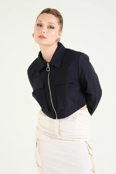 Kadın Paraşüt Crop Mont Siyah - 2