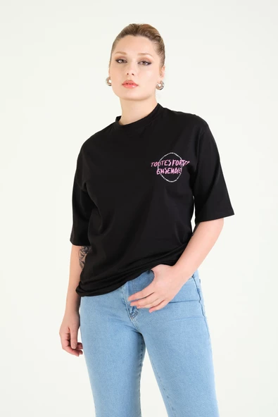 Kadın Baskılı Oversize T-Shirt Siyah