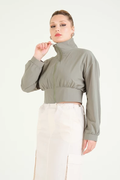 Kadın Paraşüt Crop Mont Haki - 4