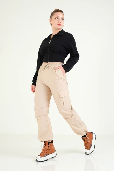 Kadın Kargo Cep Bilek Bağcıklı Paraşüt Pantolon Camel