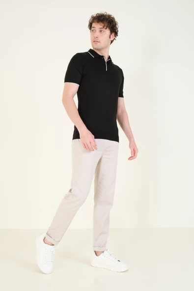 Erkek Çıtçıtlı Yaka Biyeli Merserize T-Shirt Siyah - 5