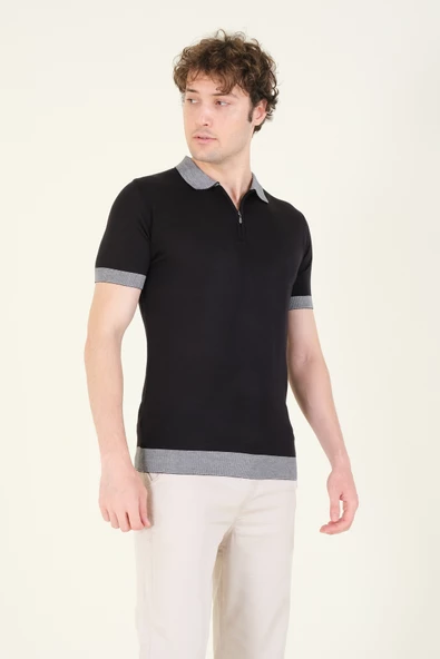 Erkek Renkli Yaka Yarım Fermuarlı Polo Yaka Merserize T-Shirt Siyah