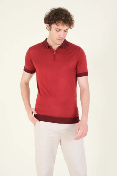 Erkek Renkli Yaka Yarım Fermuarlı Polo Yaka Merserize T-Shirt Bordo