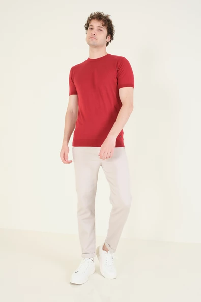 Erkek  Sıfır Yaka Merserize T-Shirt Bordo - 5