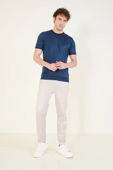 Erkek Sıfır Yaka Biyeli Merserize T-Shirt Petrol Mavi - 4