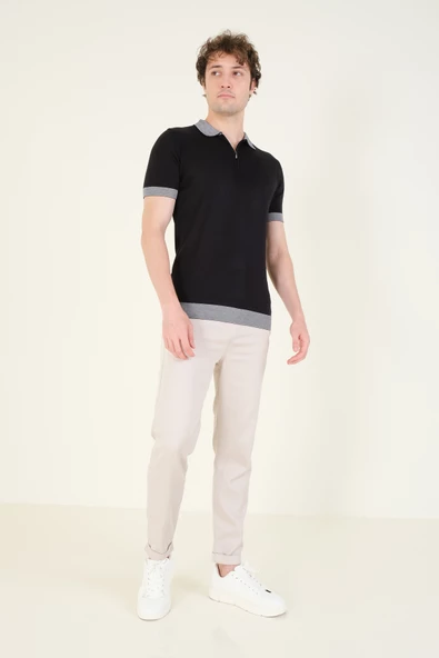 Erkek Renkli Yaka Yarım Fermuarlı Polo Yaka Merserize T-Shirt Siyah - 3