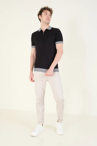 Erkek Renkli Yaka Yarım Fermuarlı Polo Yaka Merserize T-Shirt Siyah - 4