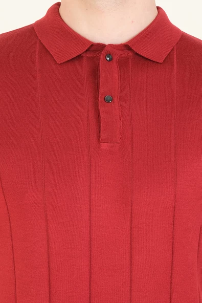 Erkek Çizgili Polo Yaka Merserize T-Shirt Bordo - 6