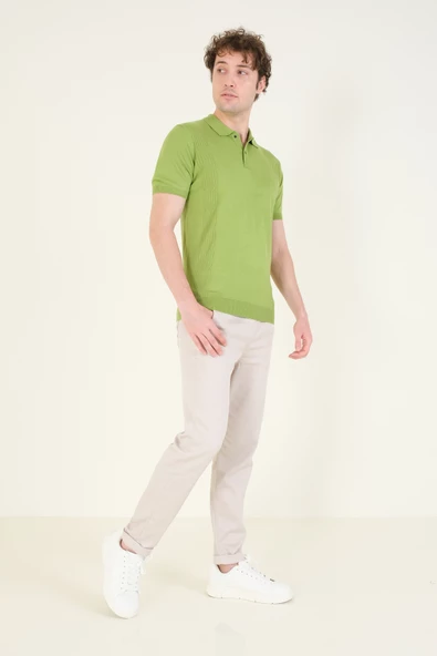 Erkek Yanları Desenli  Polo Yaka  Merserize T-Shirt Yeşil - Resim 4