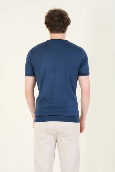 Erkek Sıfır Yaka Biyeli Merserize T-Shirt Petrol Mavi - 6