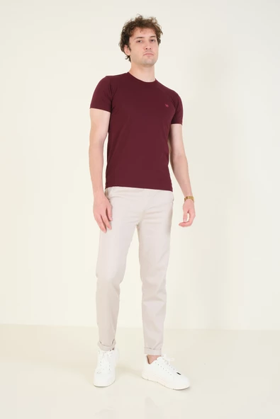 Erkek Sıfır Yaka Basic T-Shirt Bordo - Resim 5